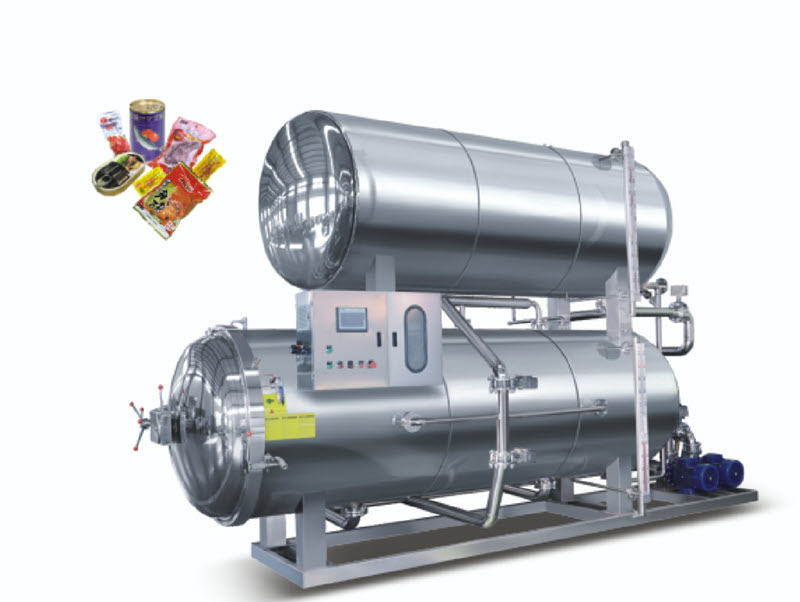 เครื่องรีทอร์ทระบบพ่นน้ำพร้อมหม้อน้ำร้อนด้านบน Cascade Retort Sterilizer Machine with Hot Water Tank for Pouch and Canned Food