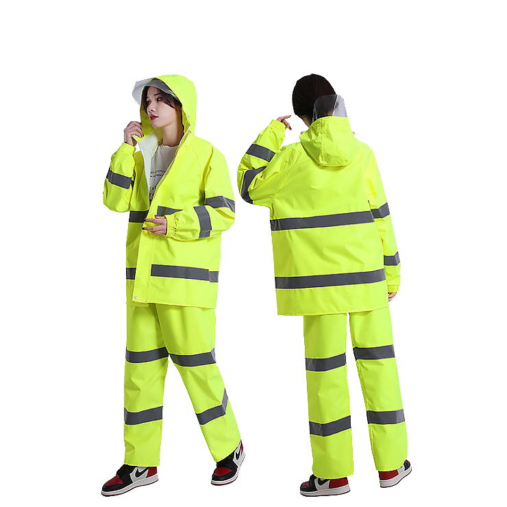 ชุดกันฝน เสื้อ กางเกง หมวกพร้อมที่กันแดด PVC เนื้อผ้าหนา คุณภาพสูง มีแถบสีสะท้อนแสง – สีเขียวนีออน raincoat38