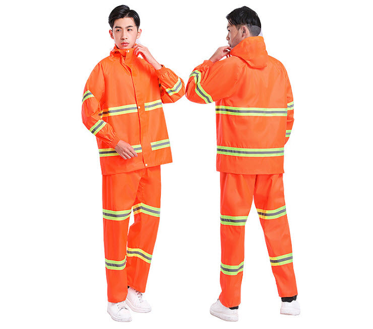 ชุดกันฝน เสื้อ กางเกง หมวกพร้อมที่กันแดด PVC เนื้อผ้าหนา คุณภาพสูง มีแถบสีสะท้อนแสง – สีส้ม raincoat39