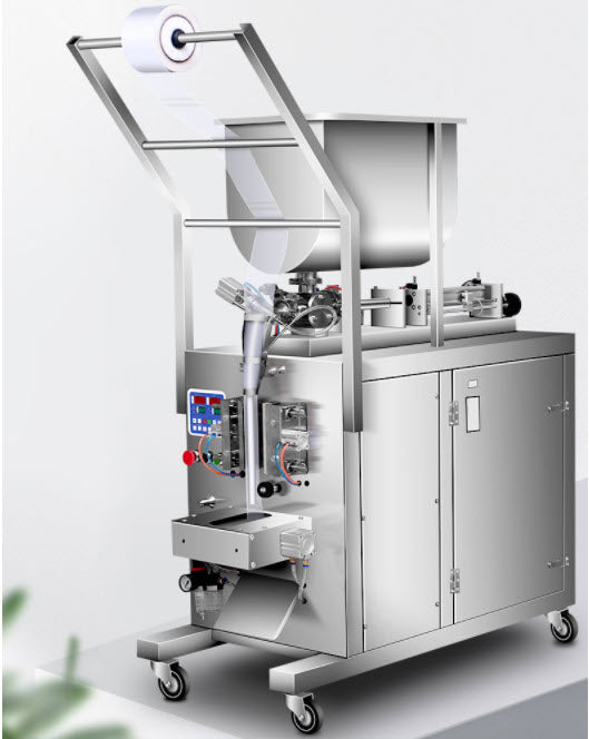 เครื่องบรรจุของเหลว Pneumatic Liquid Filling and Packing Machine Stirring Hopper ระบบปั๊มลม พร้อมแพ็คซอง มีโถบรรจุแบบกวน