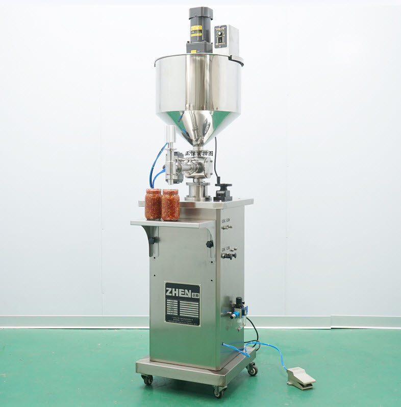 เครื่องบรรจุของเหลว พร้อมโถกวนผสม Liquid Filling Machine with Mixing Hopper 200W 220V 50Hz 40L 1300ml 0.4-0.8 mPa สเตนเลส 304