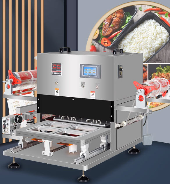เครื่องซีลฟิล์มห่อแบบอัตโนมัติด้วยระบบนิวแมติก เครื่องซีลถาด tray sealing fully automatic pneumatic