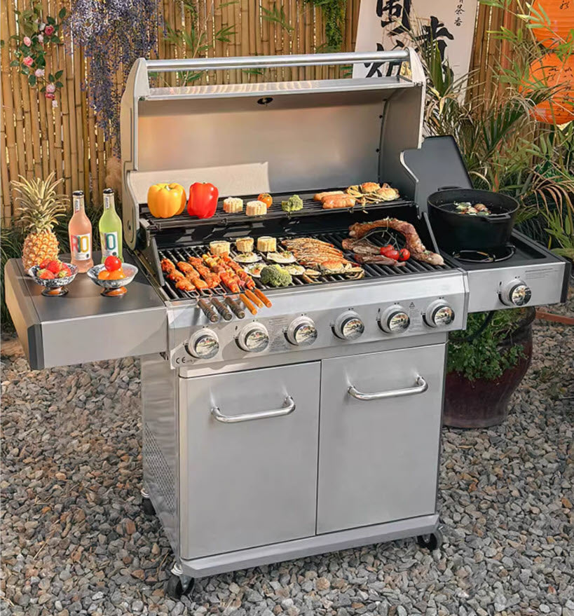 เตาบาร์บิคิว 6 หัว gas grill household six-burner, outdoor cooking grill, stainless steel, perfect for backyard BBQ parties and gatherings