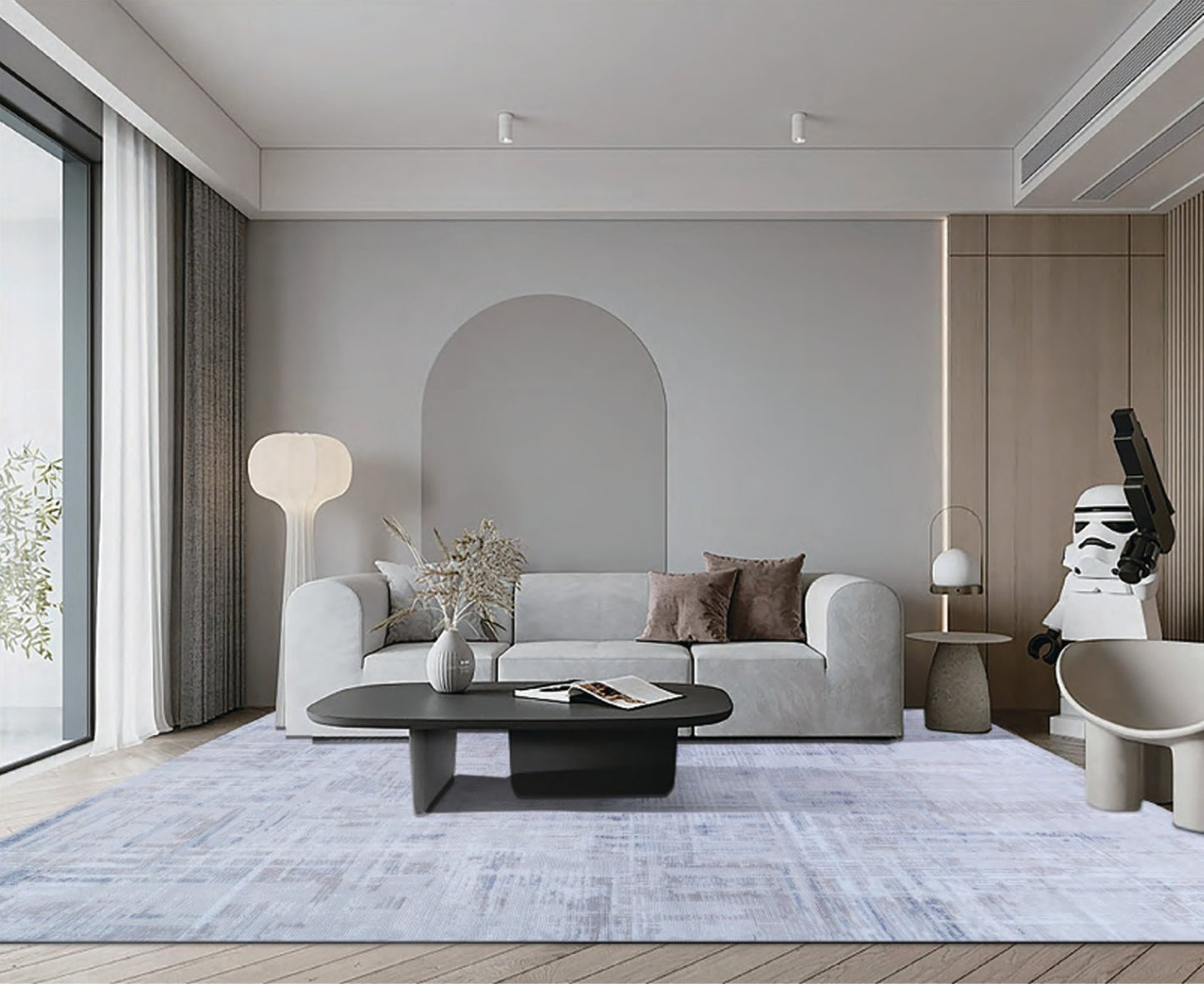 พรมพรีเมียมสไตล์มินิมอล สีขาวนวลทอลายเรขาคณิต ขนาด 160x230 - 300x400 ซม. สำหรับแต่งห้องนั่งเล่น ห้องรับแขก