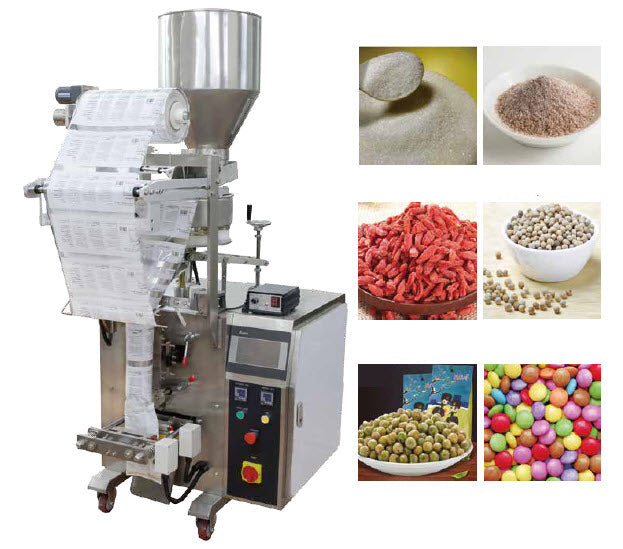 เครื่องบรรจุพร้อมซีลแนวตั้ง ระบบถ้วยตรวง Cup measure ลูกอม น้ำตาล ผงกาแฟ พริกไทย ถั่ว small vertical granular nuts and dried fruit packaging machine