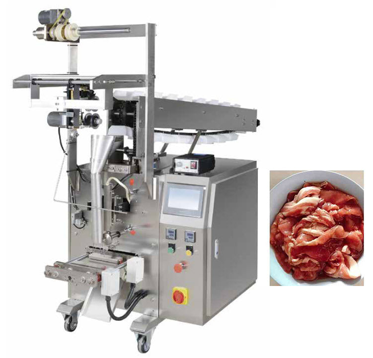 เครื่องบรรจุหมูชิ้น แบบตักใส่ถาดแพ็ค พร้อมซีลระบบ สายพาน 2.4(Kw) KZ-320 1g-500g Chain bucket packaging machine Screw nut packaging machine Vertical