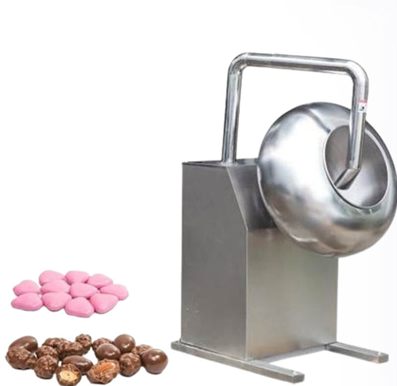 เครื่องเคลือบเม็ดขนมและช็อคโกแลต ขนาดใหญ่ พร้อมระบบฉีดน้ำขนม เหมาะสำหรับการผลิตขนมหวาน