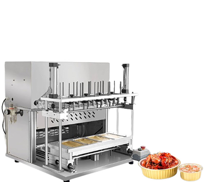 เครื่องซีลปิดผนึกกล่องอาหารอลูมิเนียมอัตโนมัติ รุ่นพาณิชย์ สำหรับอาหารทะเล เช่น กุ้ง, ปลาย่าง