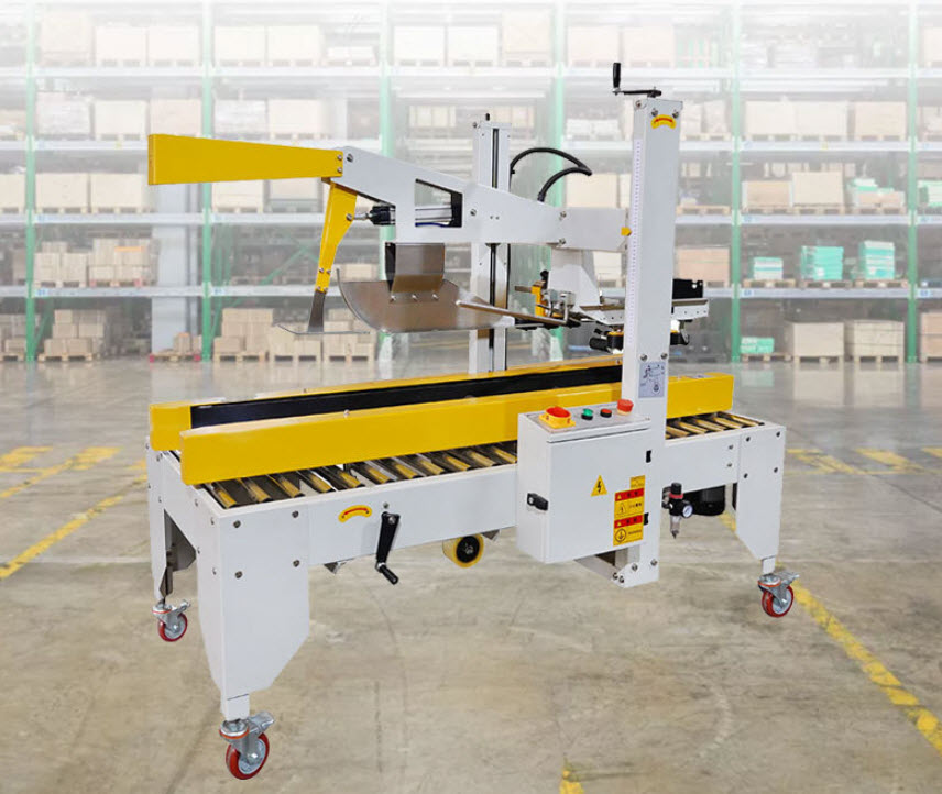 เครื่องปิดเทปกล่องลังกระดาษ พร้อมระบบพับกล่องอัตโนมัติ Folding Carton Sealing Machine 220W 220/380V 50Hz 0-20 เมตร/นาที