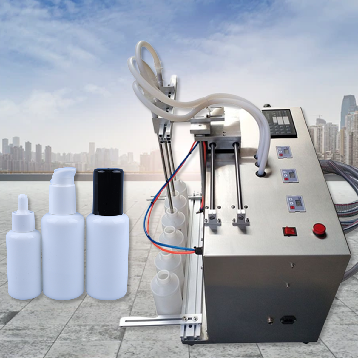 เครื่องบรรจุของเหลว สายพานต่อเนื่อง 4 หัวจ่าย Automatic 4-head high-precision magnetic pump canning machine