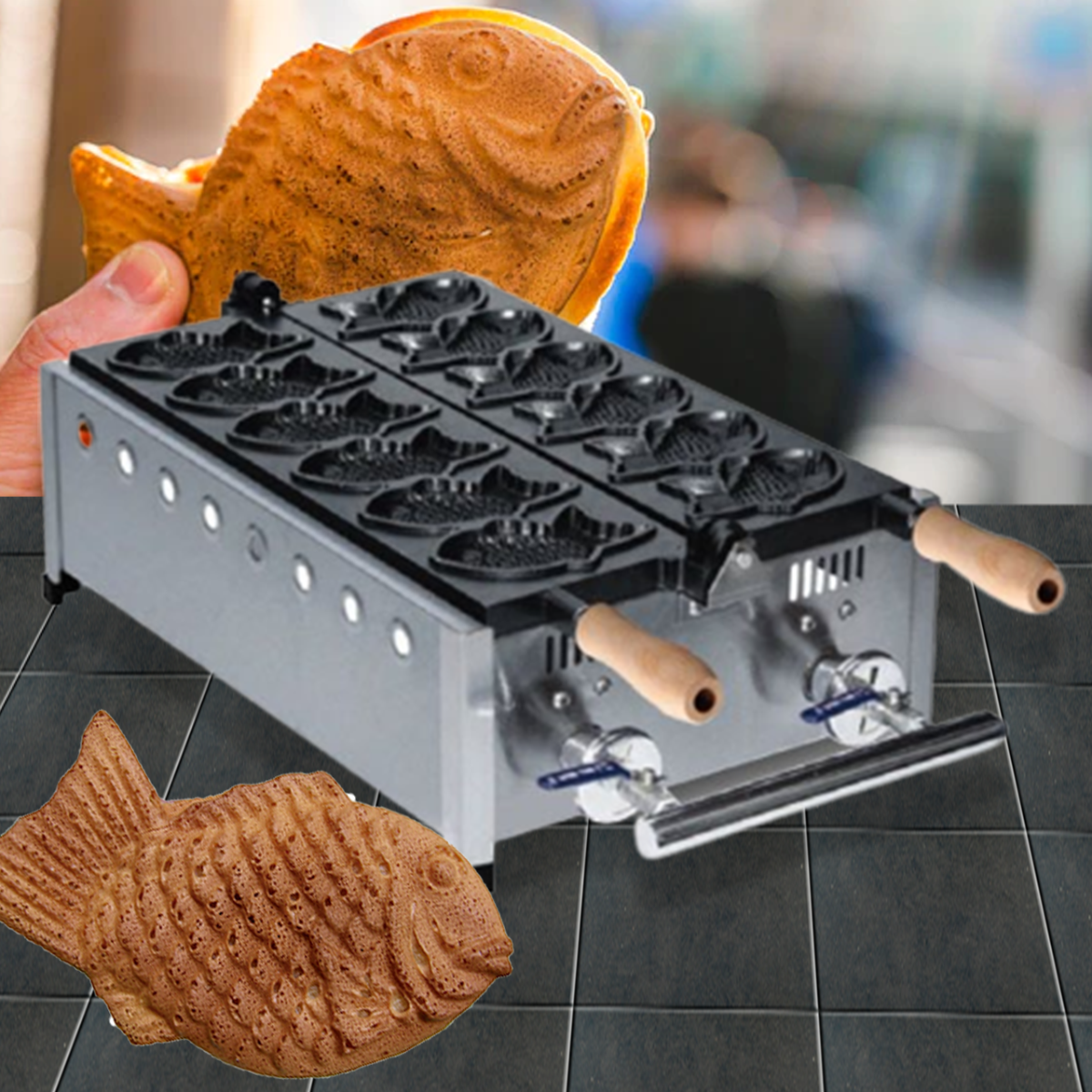 เครื่องทำขนม Taiyaki วาฟเฟิล รูปปลา Taiyaki Fish Waffle Maker รุ่น FY-1101R รุ่นต่อแก็ส ขนมรูปปลาญี่ปุ่น