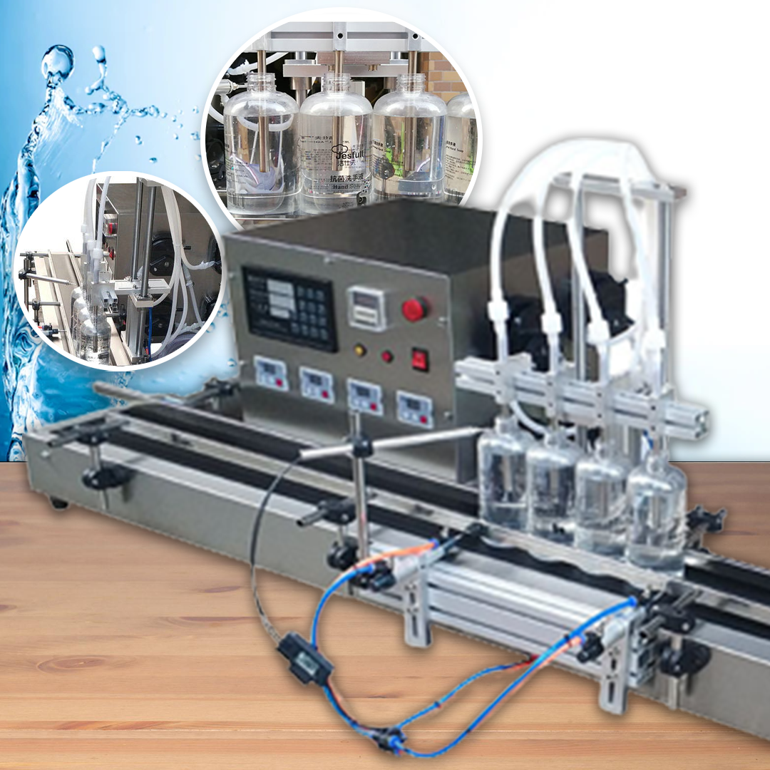 เครื่องบรรจุของเหลว สายพานต่อเนื่อง 4 หัวจ่าย peristaltic pump filling machine for small bottles of liquid essential oil