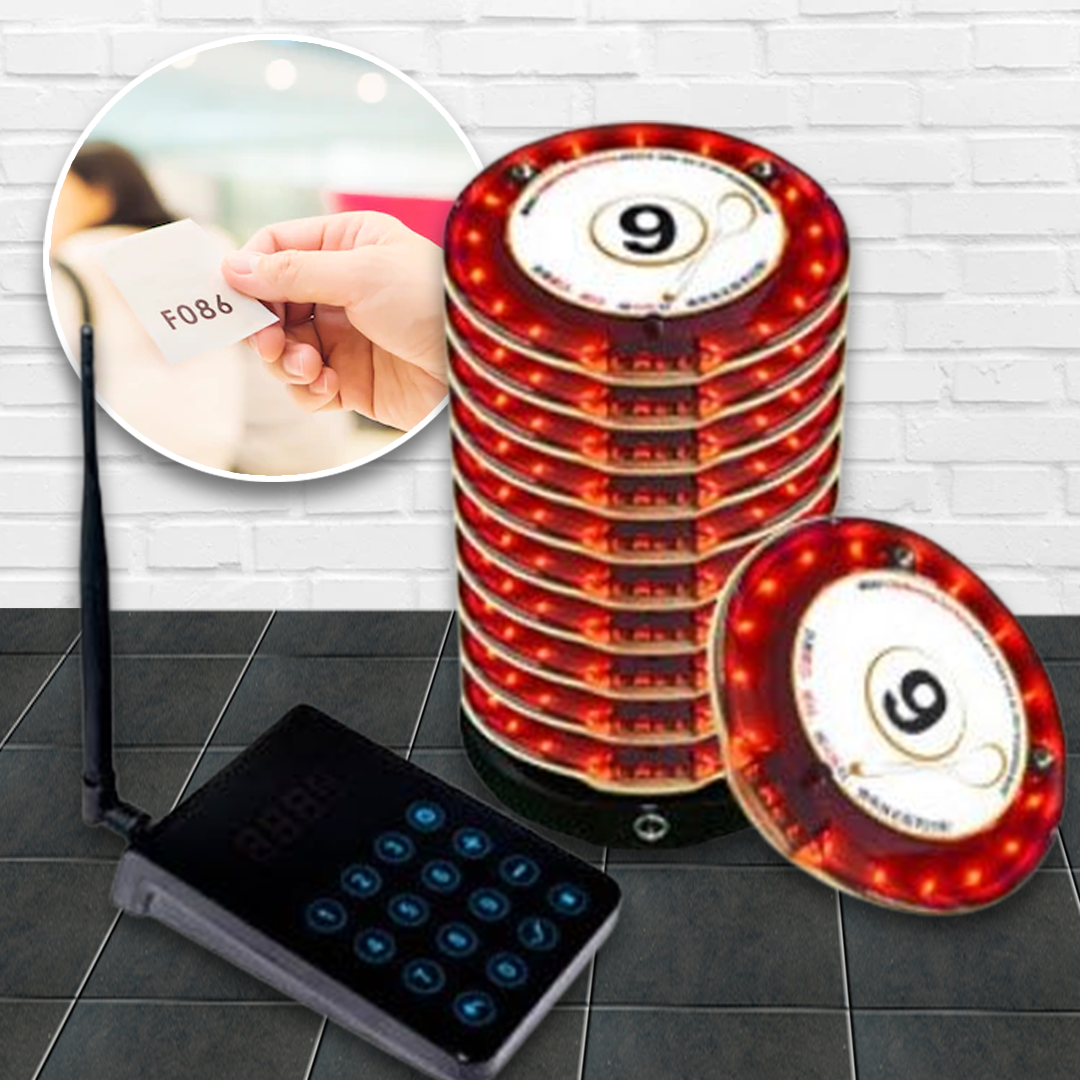 เครื่องเรียกคิว เพจเจอร์เรียกคิว 1 เครื่อง(กันน้ำ) วงกลม Wireless Guest Paging Queuing System 5 10 15 20 แผ่น wifi 433Mhz