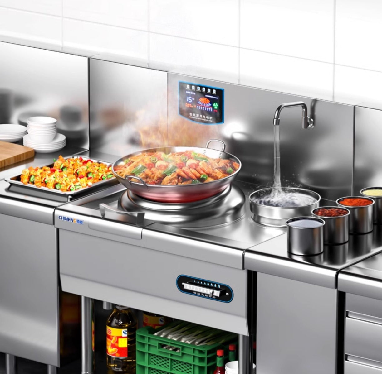 เตาผัดไฟฟ้าหัวเดี่ยว/หัวคู่ กำลังสูง 15kW Chinen Commercial Induction Stove สำหรับโรงแรมและร้านอาหาร