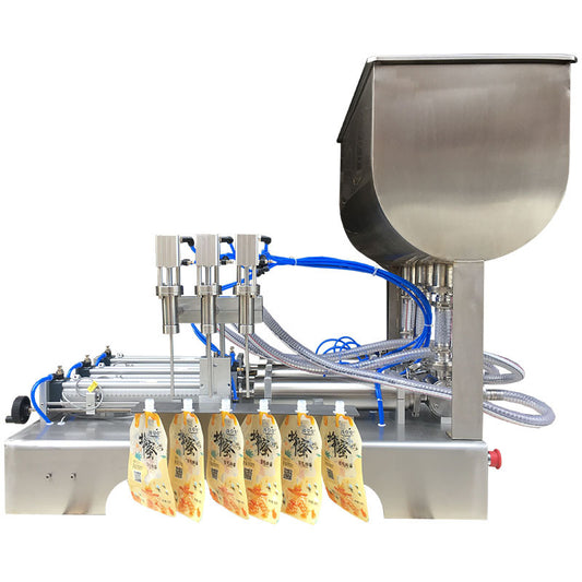 เครื่องบรรจุของเหลวพร้อมถังกวน 3 หัวจ่าย บรรจุุได้ อุณหภูมิสูงสุด 100 องศา ช่วงบบจุ 5-100ml,10-300ml, 50-500mlMulti-head small pneumatic