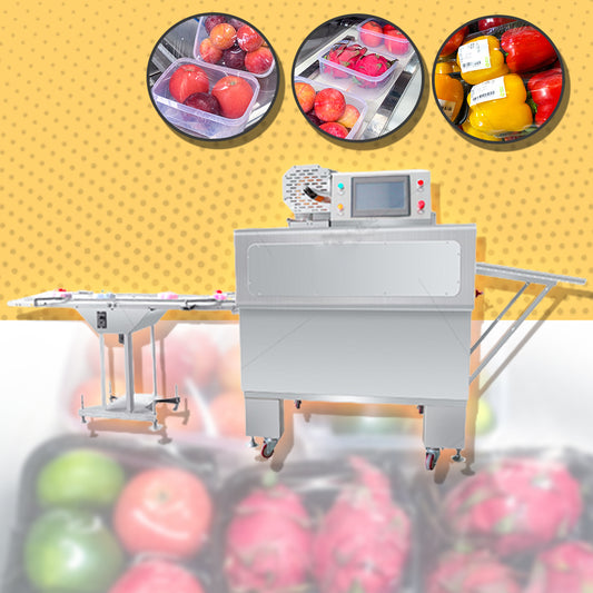 เครื่องแพ็คอาหารสด ผัก เนื้อสัตว์ กึ่งอัตโนมัติ และ อัตโนมัติ automatic fruit and vegetable cling film packaging machine