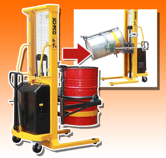 เครื่องยกถังน้ำมัน ถังเคมี ถังสี พร้อมระบบหมุนเท 180 ° มอเตอร์ 1.6kw/h Oil drum dumping lift car electronic scale