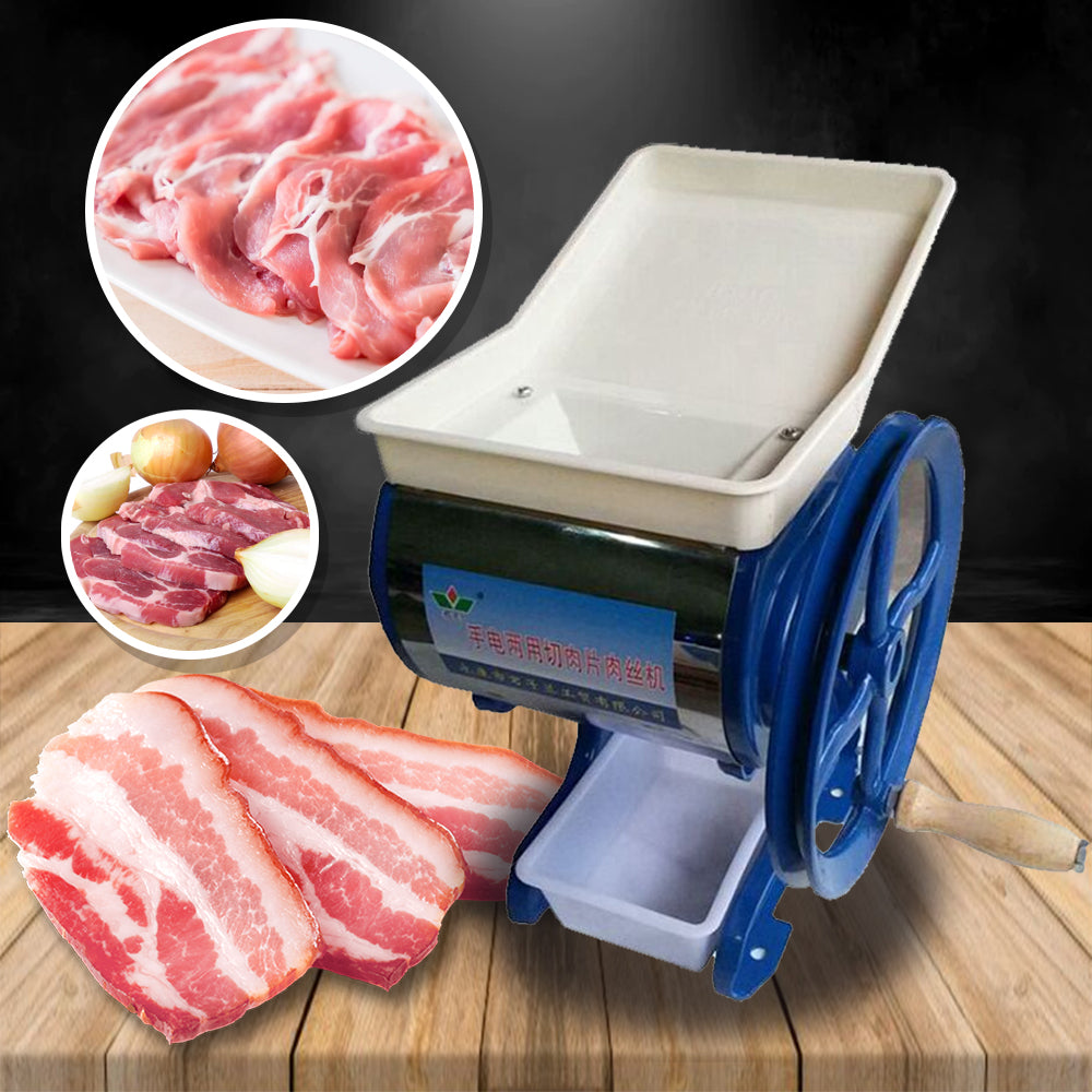 เครื่องสไลด์ หั่น เนื้อหมู เนื้อสัตว์ ขนาดหนา 3.5 มิล ขนาดเครื่อง 25x23x30 ซม. ใช้หั่นหมูแดง หั่นทำหมูปิ้ง - แบบมือหมุน