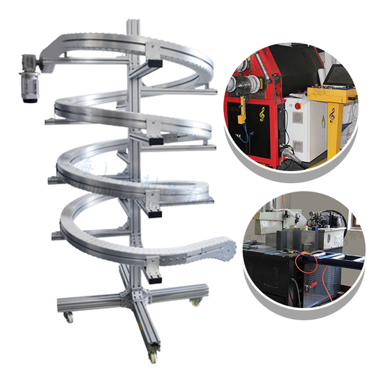 สายพานลำเลียง หมุน แบบเกลียวหมุน พลาสติก หน้ากว้าง 63, 83, 103 มม. ราคาต่อเมตร. Plastic helix Chain Conveyor Filling Cosmetics Mask Machine