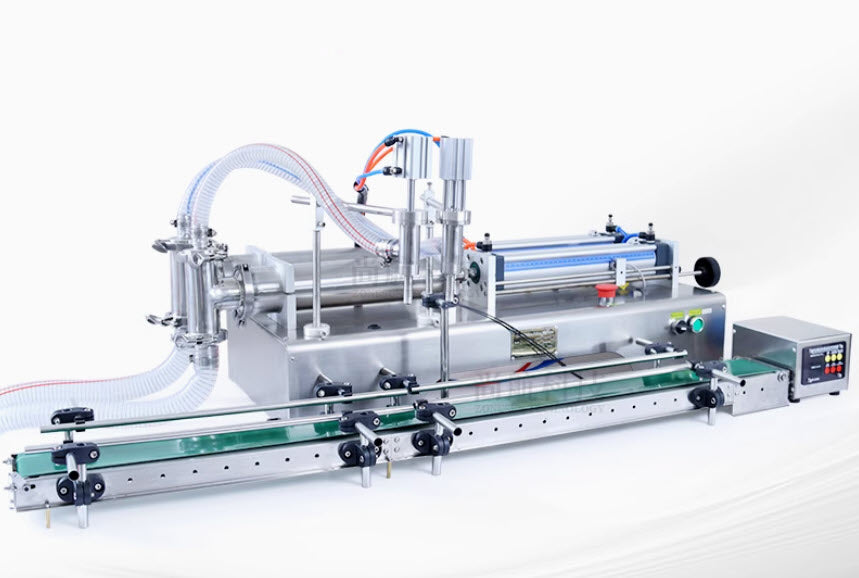 เครื่องบรรจุของเหลวหนืดสายพาน 5-100ml, 10-300ml, 50-500ml หัวคู่ double-head pneumatic filling belt conveyor belt cylinder