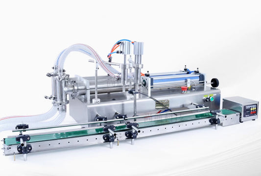 เครื่องบรรจุของเหลวหนืดสายพาน 5-100ml, 10-300ml, 50-500ml หัวคู่ double-head pneumatic filling belt conveyor belt cylinder