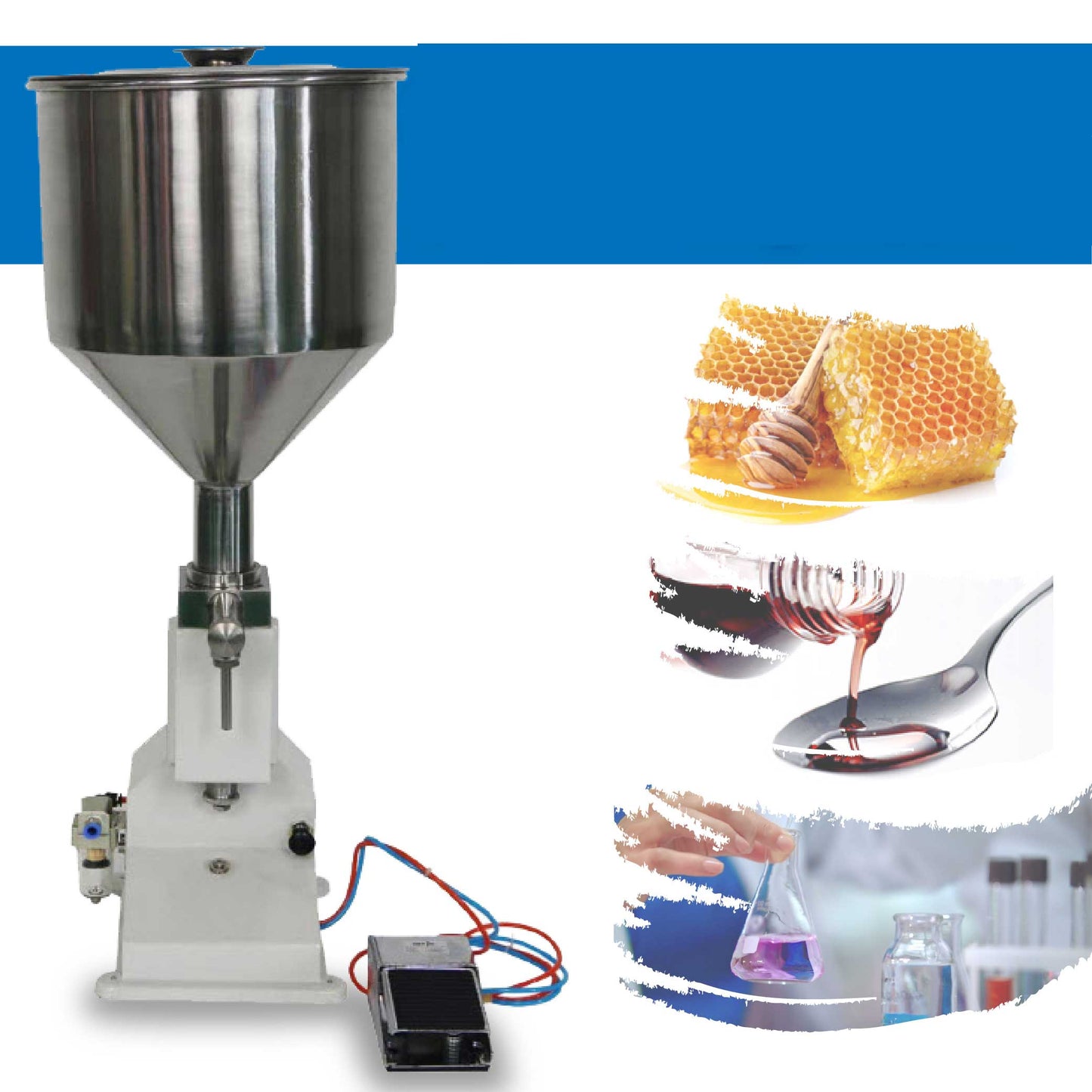 เครื่องบรรจุของเหลว แบบ กึ่งอัตโนมัติ รุ่น A – 02 รองรับปากขวดขนาด 8 มม. ขึ้นไป ขนาดถังบรรจุได้ 10 ลิตร