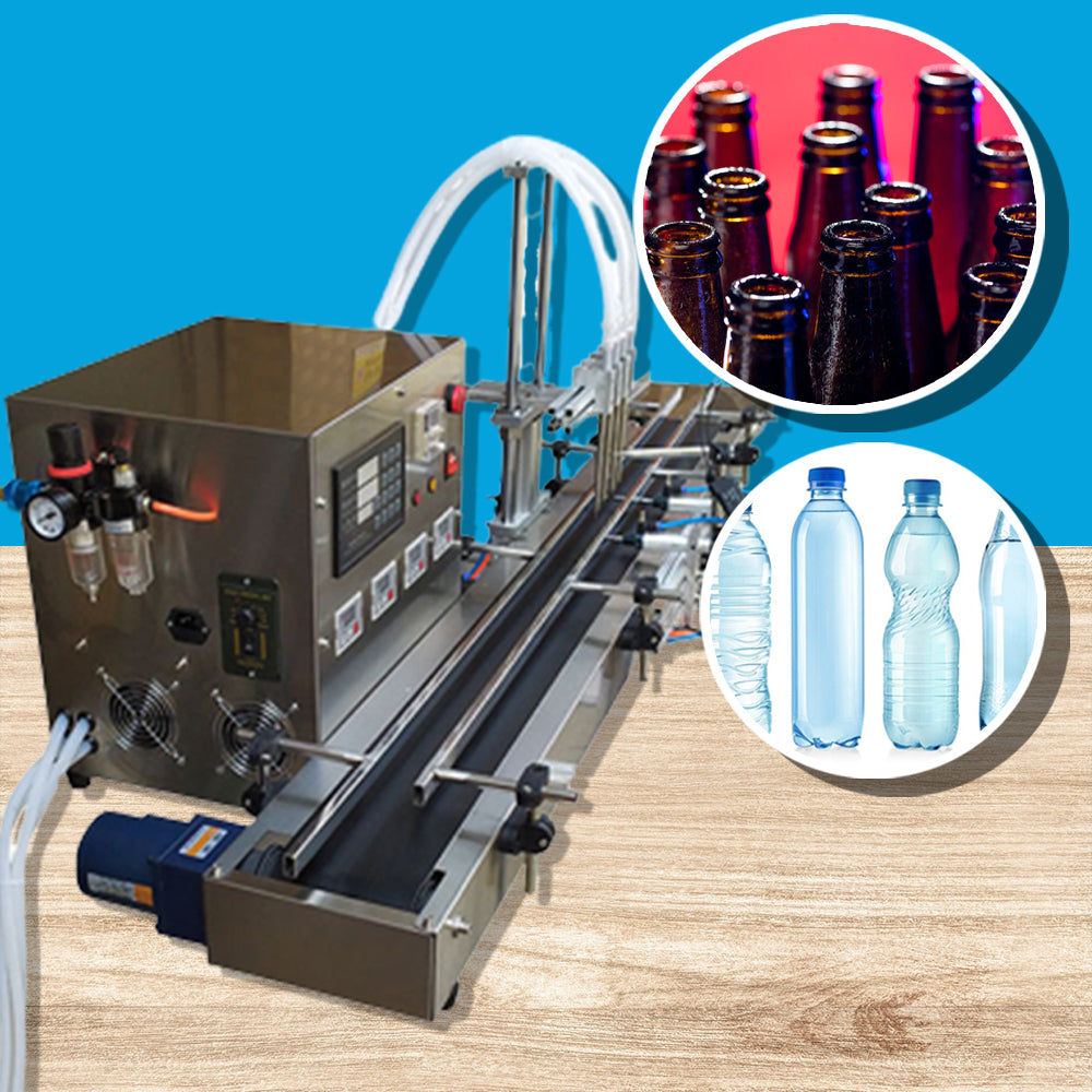 เครื่องบรรจุของเหลว สายพานต่อเนื่อง 4 หัวจ่าย Anti-foaming lifting and submerging type automatic small assembly line canning