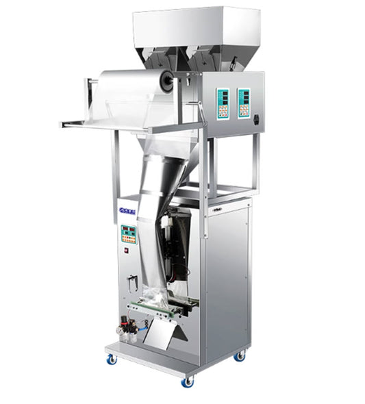 เครื่องบรรจุและผสมสองหัวอัตโนมัติเต็มรูปแบบ เครื่องบรรจุสองระดับสำหรับเม็ด ผง ข้าว สมุนไพร ปุ๋ย เครื่องบรรจุเชิงปริมาณ เครื่องชั่งและบรรจุถุงสำหรับโรงสีแป้ง