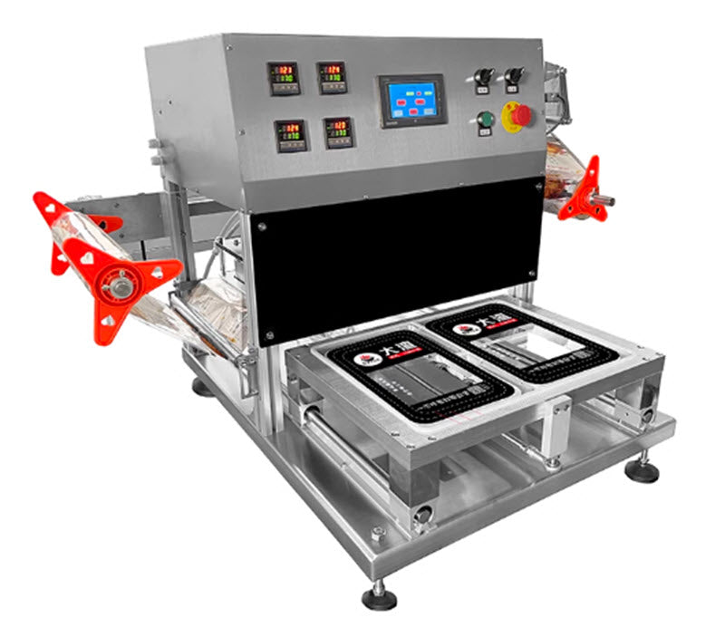 เครื่องปิดผนึกอัตโนมัติเต็มรูปแบบสำหรับรักษาความสดในบรรยากาศดัดแปลงที่เติมไนโตรเจน, เครื่องปิดผนึกและบรรจุภัณฑ์แบบสี่กล่องที่ใช้ลม, เครื่องบรรจุกล่องอาหารกลางวันแบบใช้แล้วทิ้งสำหรับนำกลับบ้านเชิงพาณิชย์ที่ติดตั้งจากโรงงาน, เนื้อสด, เป็ดดำ, อาหารตุ๋น, เครื