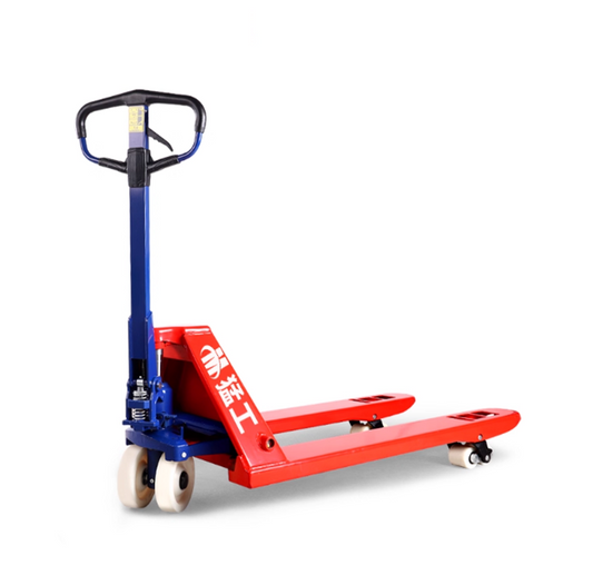 รถยกมือหมุน ไฮดรอลิก 2/3/5 ตัน รุ่นขนาดยาว สำหรับขนย้ายพาเลท ขนาดเล็ก สีน้ำเงิน