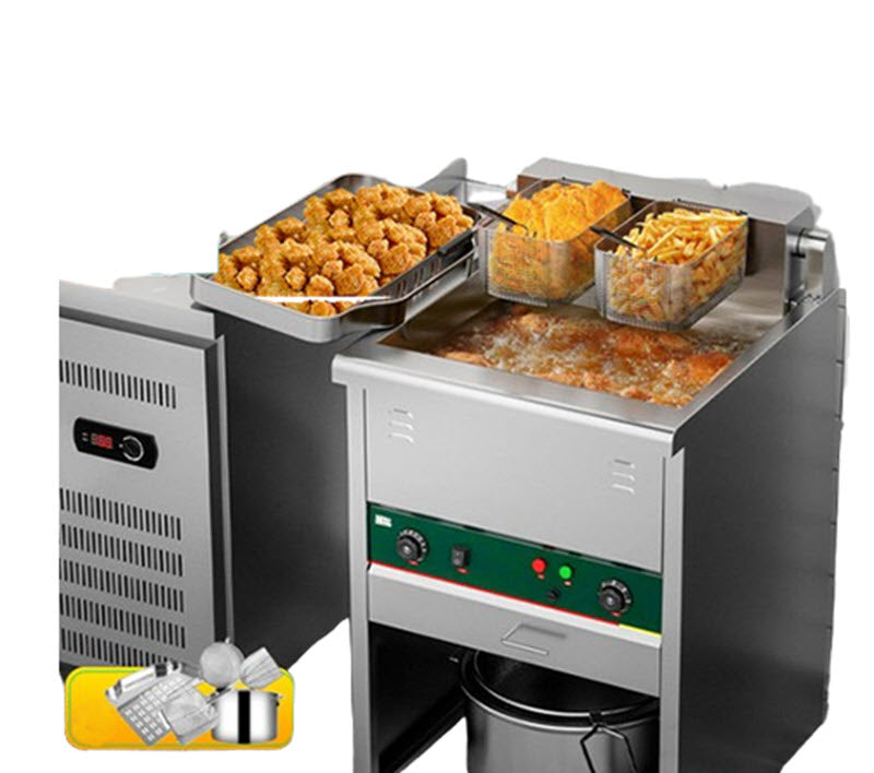 เครื่องทอดสองถังสแตนเลส สำหรับทอดไก่ เฟรนช์ฟรายส์ และปาท่องโก๋ ขนาดใหญ่ พร้อมระบบตั้งเวลาและควบคุมอุณหภูมิ