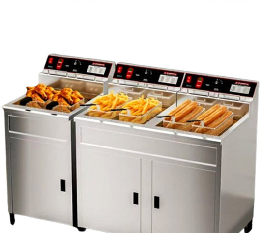 เครื่องทอดไฟฟ้าสูงขนาดใหญ่ 2 ถัง รุ่นอัตโนมัติ ควบคุมอุณหภูมิได้ เหมาะสำหรับทอดอาหาร