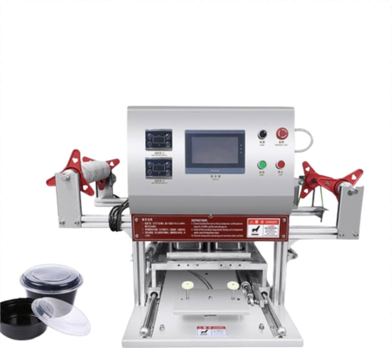 เครื่องบรรจุอาหารอัตโนมัติ ขนาดเล็ก 4 ช่อง สำหรับบรรจุ PP กล่องอลูมิเนียม ฟิล์มปิดผนึก