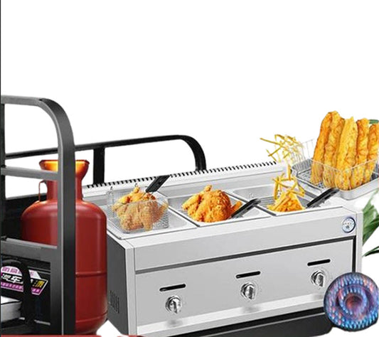 หม้อทอดก๊าซสองช่อง ขนาดใหญ่ สำหรับร้านค้า ฟิตติ้งทำจากสแตนเลส ใช้งานง่าย สำหรับทอดปลาหรือมันฝรั่งทอด