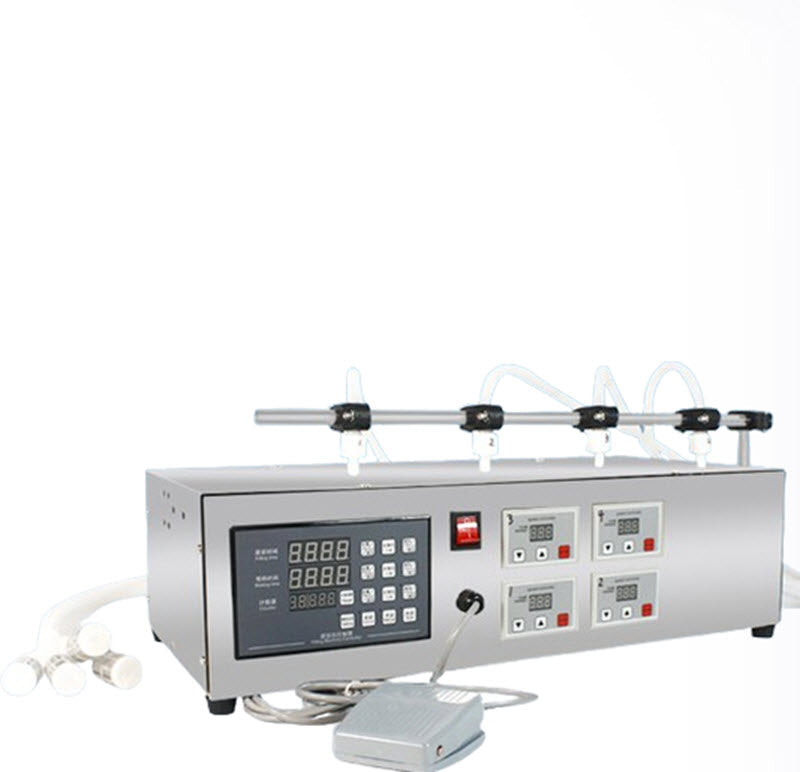 เครื่องบรรจุของเหลว 4 หัว ขนาดเล็ก ควบคุมด้วยคอมพิวเตอร์ สำหรับน้ำมันหอมระเหย น้ำผลไม้ และนม