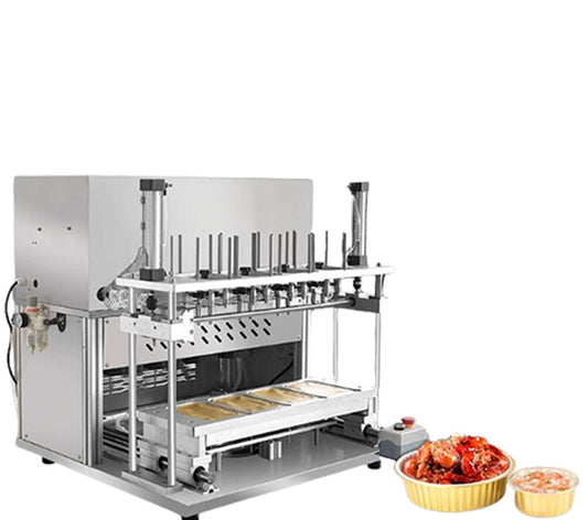 เครื่องซีลปิดผนึกกล่องอาหารอลูมิเนียมอัตโนมัติ รุ่นพาณิชย์ สำหรับอาหารทะเล เช่น กุ้ง, ปลาย่าง