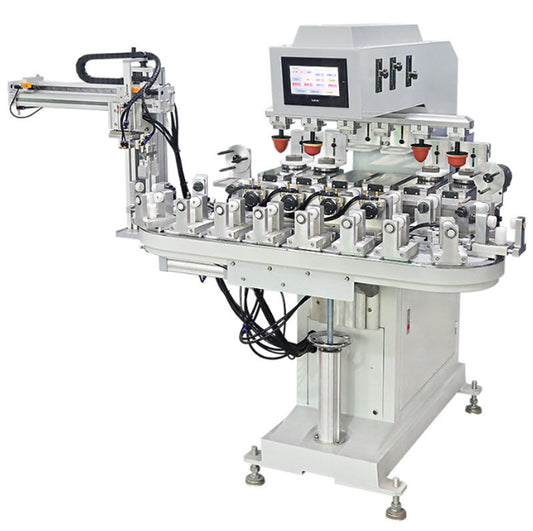 เครื่องพิมพ์แพด 6 สี ระบบสายพานอัตโนมัติ รุ่น HLC-200A/6A (Six Color Conveyor Pad Printing Machine HLC-200A/6A)