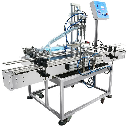 เครื่องบรรจุของเหลว ต่อเนื่อง 2 หัวจ่าย สายพานยาว 2 เมตร กว้าง 22cm automatic filling machine production line