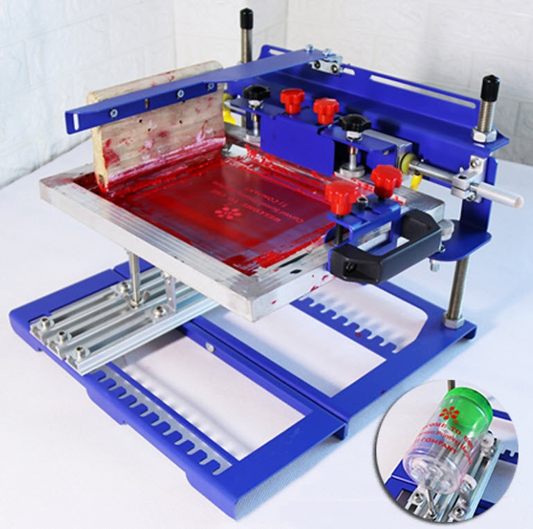 เครื่องสกรีนโลโก้ ผิวโค้ง ขวด แก้ว พลาสติก ทรงกระบอก เครื่องสำอางค์ มือโยก Curved screen printing machine QMH170 เส้นผ่านศุนยกลาง 30 -170 มม