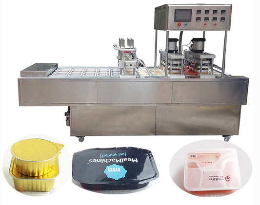 เครื่องซีลสายพาน ซีลถาดอาหาร ระบบสายพานไลน์ผลิต วัสดุ PP/PET/PS/PVC สีเหลี่ยม วงกลม ทำบล็อคได้ Line utomatic lunchbox sealing