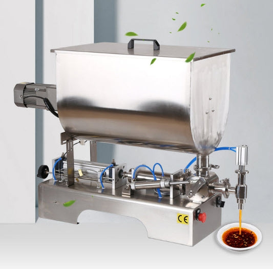 เครื่องบรรจุน้ำพริกเผา แยม เนื้อบด ซอส น้ำจิ้ม Horizontal Pneumatic Paste Sauce Filling Machine โถบรรจุขนาด 40 ลิตร