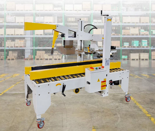 เครื่องปิดเทปกล่องลังกระดาษ พร้อมระบบพับกล่องอัตโนมัติ Folding Carton Sealing Machine 220W 220/380V 50Hz 0-20 เมตร/นาที