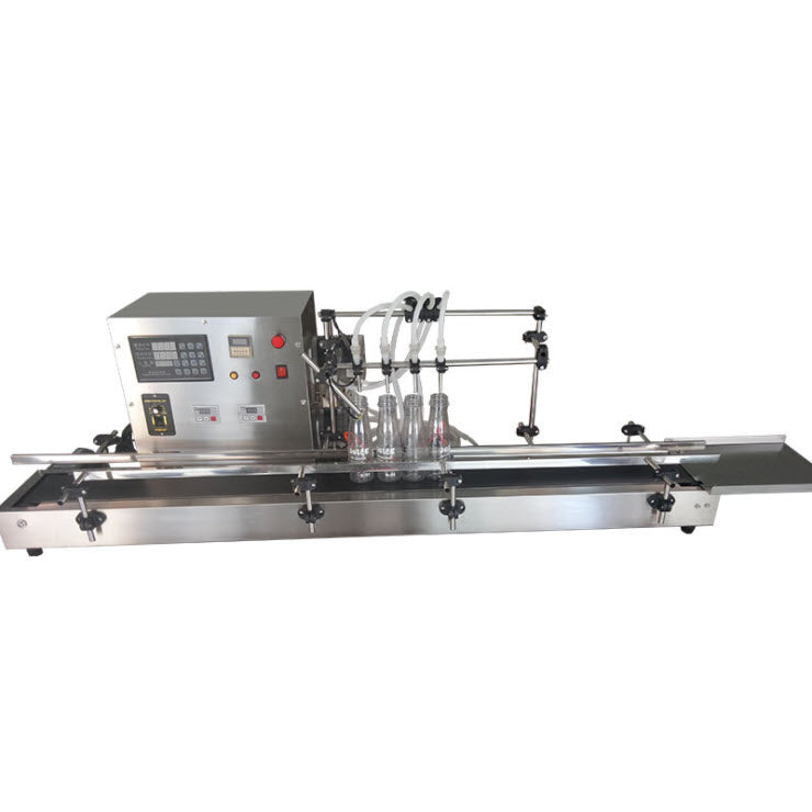 เครื่องบรรจุของเหลว สายพานต่อเนื่อง 4 หัวจ่าย Peristaltic Pump Filling Machine ปั๊มแบบรีด สำหรับของเหลวที่มีความหนืด
