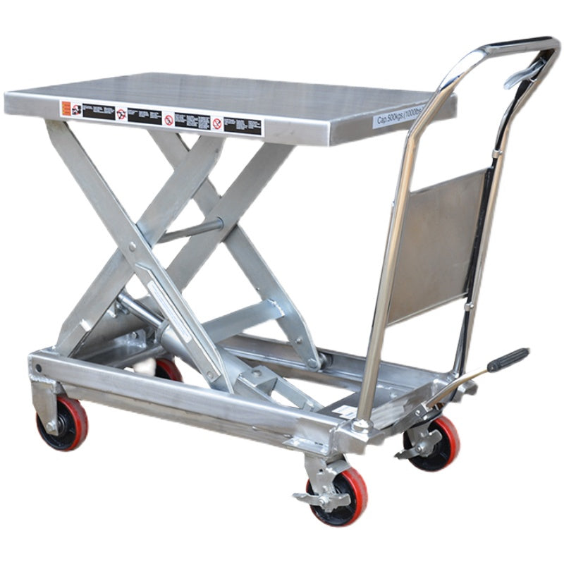 รถยกไฮดรอลิค รุ่น สเตนเลส แบบคันโยก Stainless Steel Hydraulic Lifting Platform Table ล้อเลื่อน