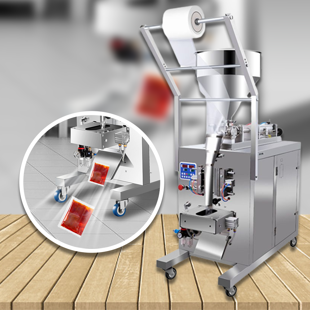 เครื่องบรรจุของเหลว Pneumatic Liquid Filling and Packing Machine ระบบปั๊มลม พร้อมแพ็คซอง มีโถบรรจุ