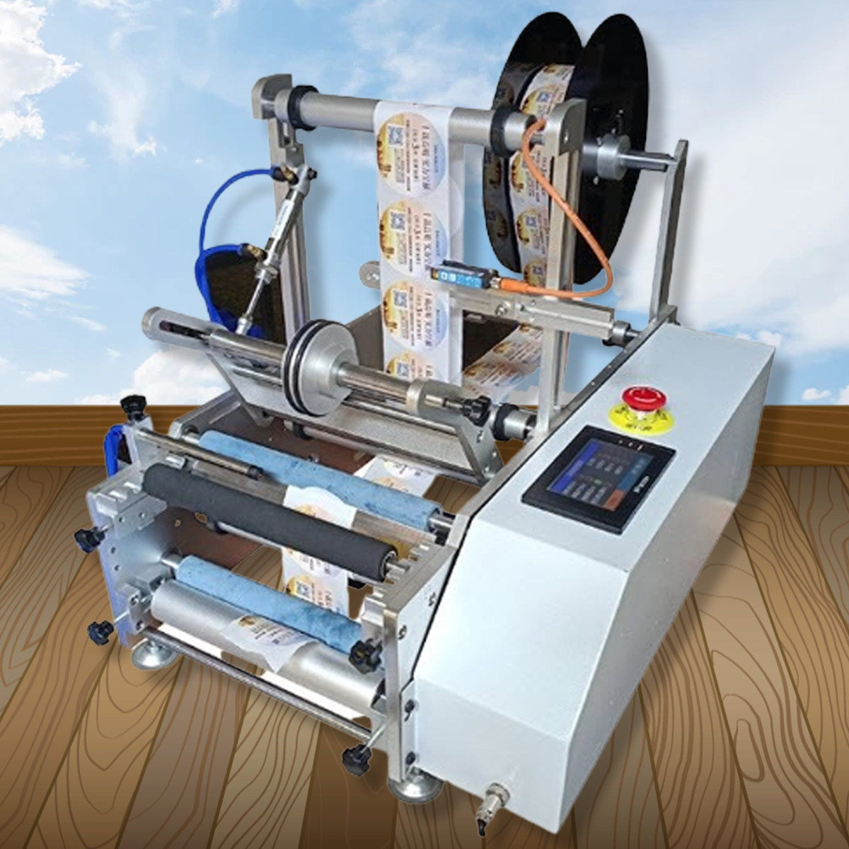 เครื่องติดฉลาก รุ่น JQ-12002 สติ๊กเกอร์ ขวด ท่อ ขนาด diameter ไม่เกิน 15 cm กึ่งอัตโนมัติ SEMI-AUTOMATIC BOTTLE LABELING MACHINE