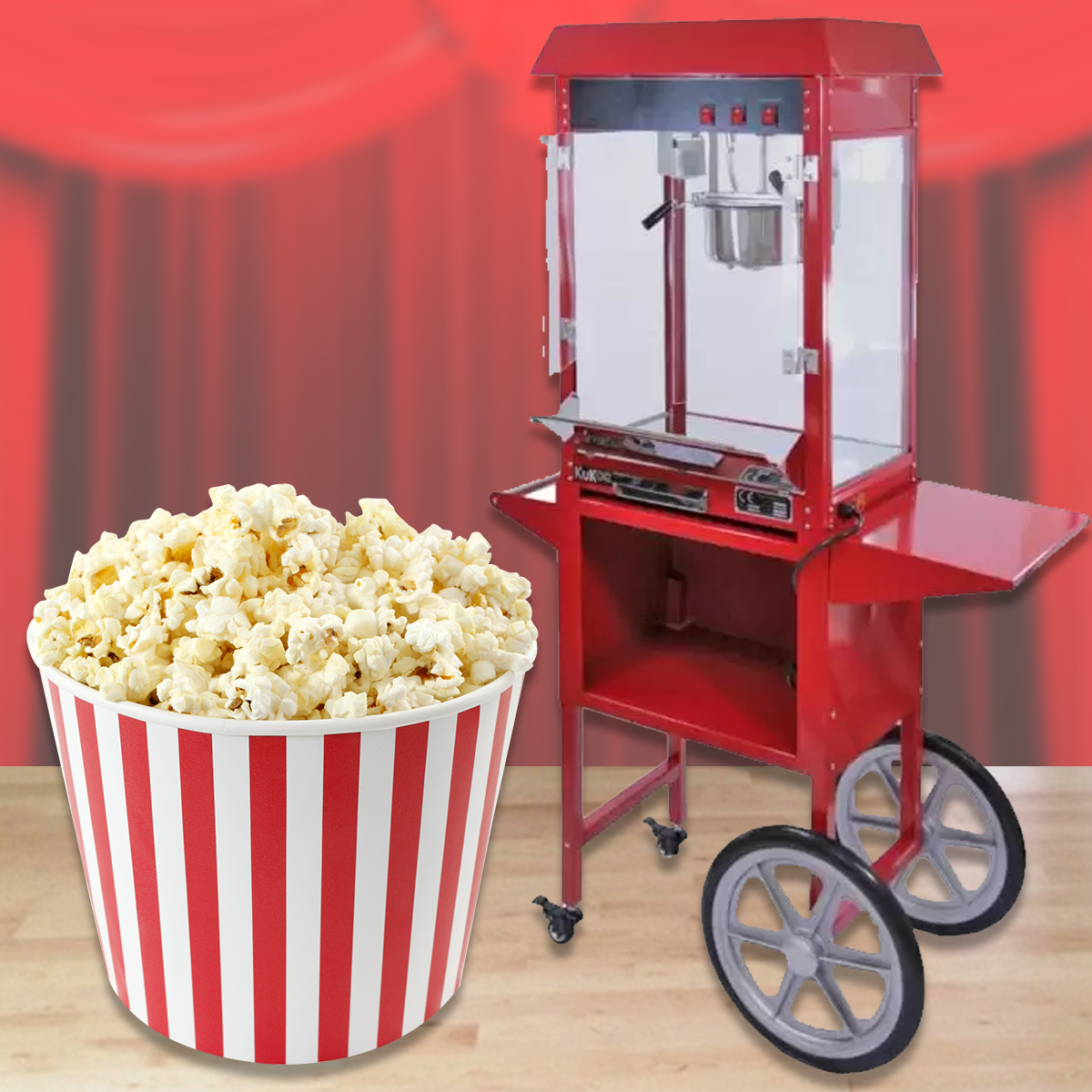 เครื่องทําป๊อปคอร์นไฟฟ้า popcorn machine cart พร้อมล้อลาก 1.5 ลิตรสำหรับงานเลี้ยงและกิจกรรมกลางแจ้ง ใช้งานง่าย