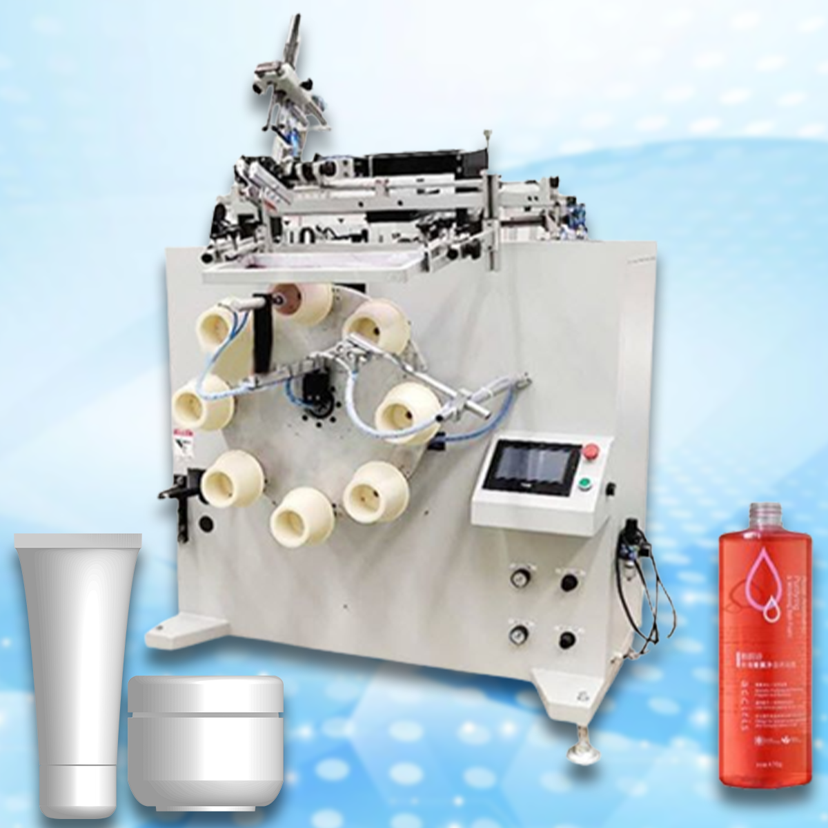 เครื่องสกรีนกระปุกครีม ต่อเนื่อง อัตโนมัติ Cream bottle screen printing machine