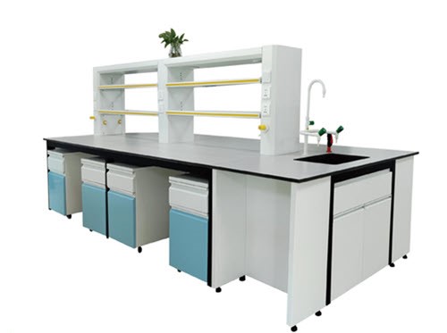 ชุดโต๊ะปฏิบัติการกลาง Lab Center Workbench Set พร้อมชั้นวางและอุปกรณ์เสริม เหมาะสำหรับห้องทดลองและการศึกษา