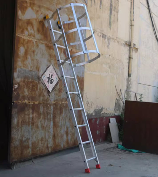 บันไดป้องกันแบบอลูมิเนียมอัลลอยด์ สำหรับงานอุตสาหกรรมและอาคารสูง Aluminum Alloy Safety Ladder with Cage for Industrial and Building Use